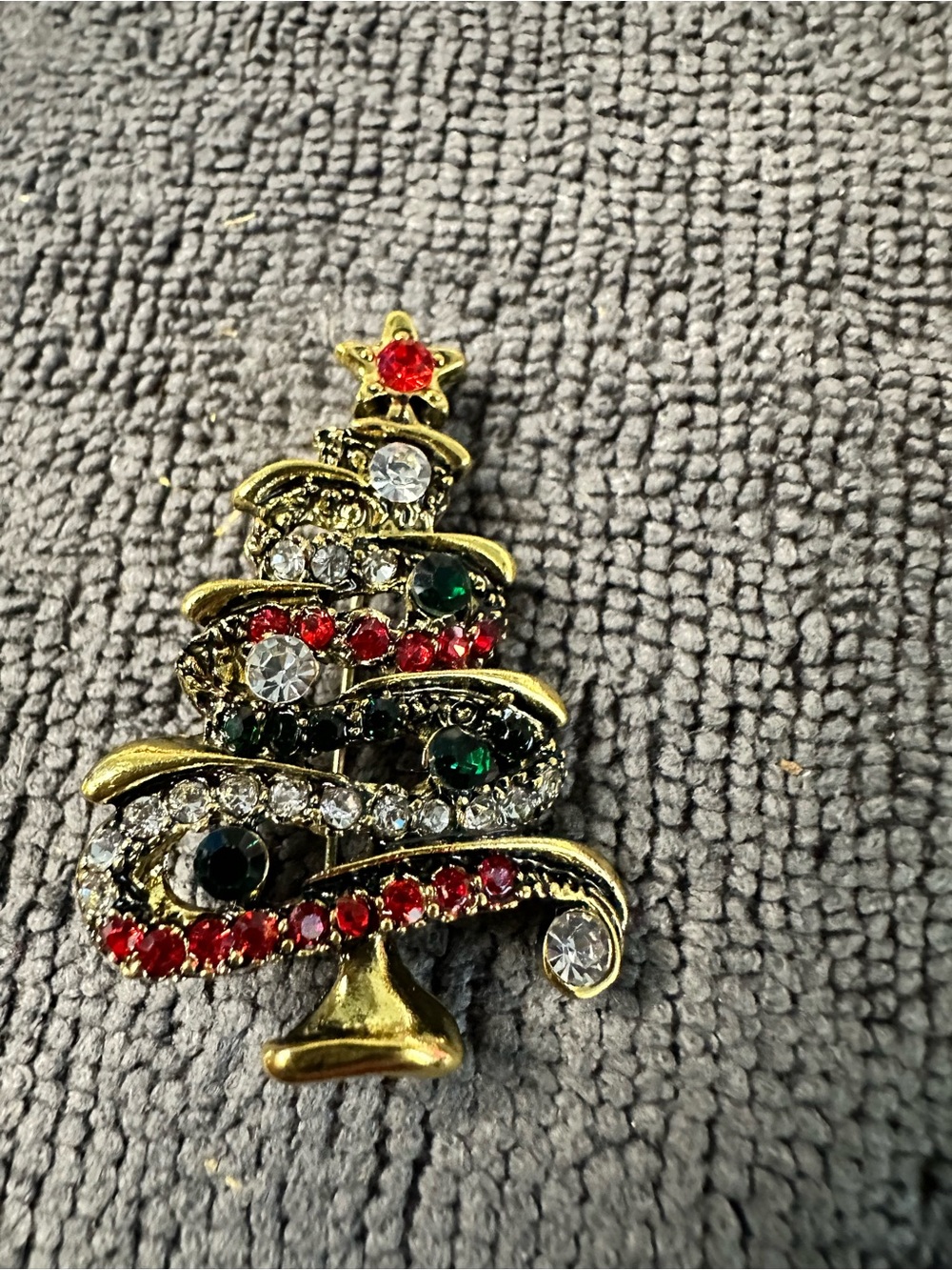 Gold-Tone Christmas Tree Brooch with Red, Green and Clear Crystals